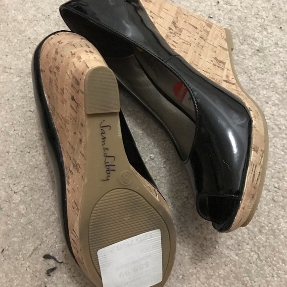 Sam and libby peep toe wedges in patent black SZ 8 - Picture 2 of 2